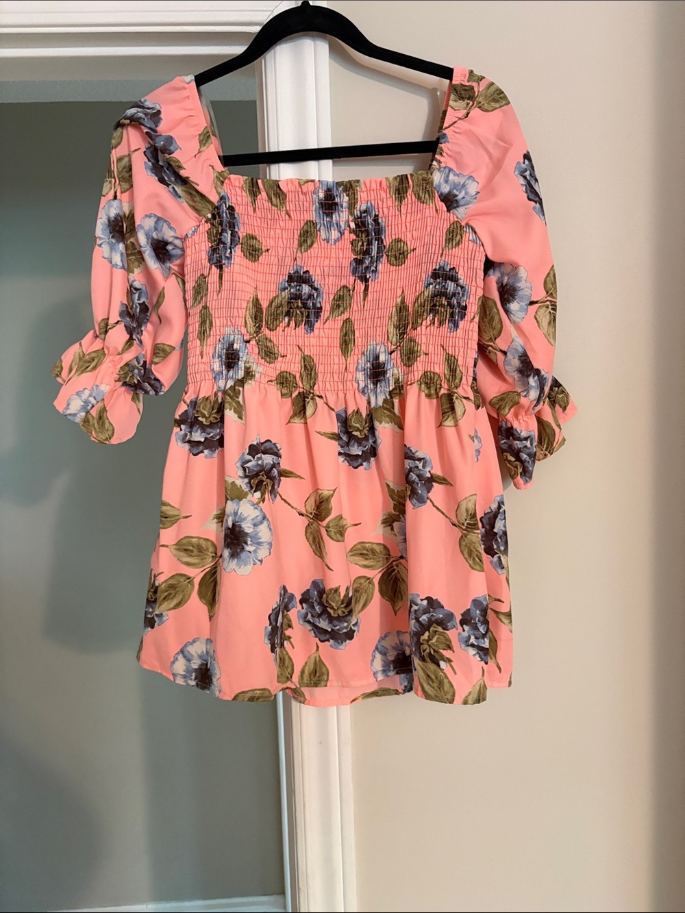Smocked Square-Neck Floral Blouse in Pink